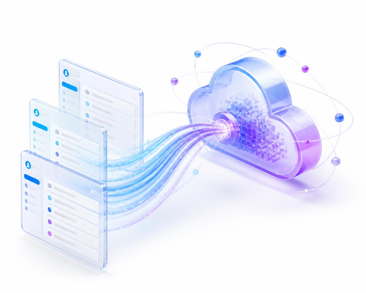 Illustration of email inboxes migrating along data streams into a secure cloud with AI automation nodes